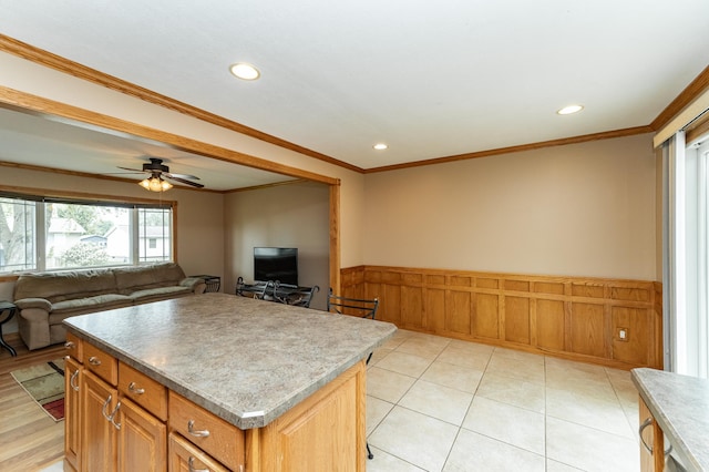 222 6th Ave NW, Byron, MN 55920 - kitchen with open floor plan, recessed lighting, a center island, wainscoting, and ceiling fan