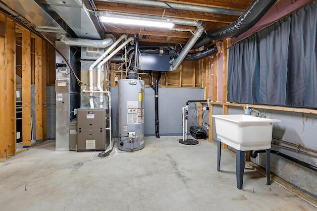 22669 128th Ave N, Rogers, MN 55374 - unfinished basement featuring gas water heater, a sink, and drainage system