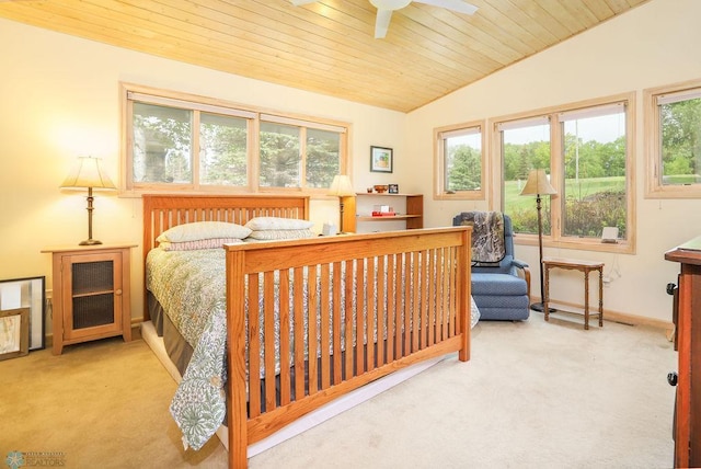 38682 Walker Lake Dr, Amor Twp, MN 56576 - bedroom with carpet, multiple windows, vaulted ceiling, wooden ceiling, and baseboards