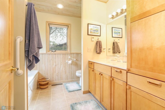 38682 Walker Lake Dr, Amor Twp, MN 56576 - full bath featuring vanity, a wainscoted wall, a garden tub, toilet, and tile patterned floors