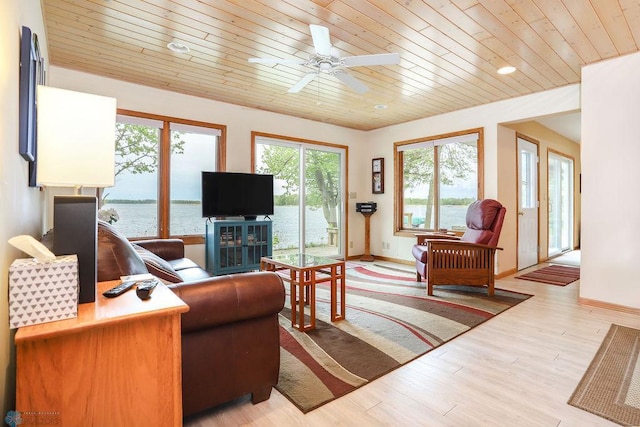 38682 Walker Lake Dr, Amor Twp, MN 56576 - living area featuring wood ceiling, healthy amount of natural light, ceiling fan, light wood-style floors, and baseboards