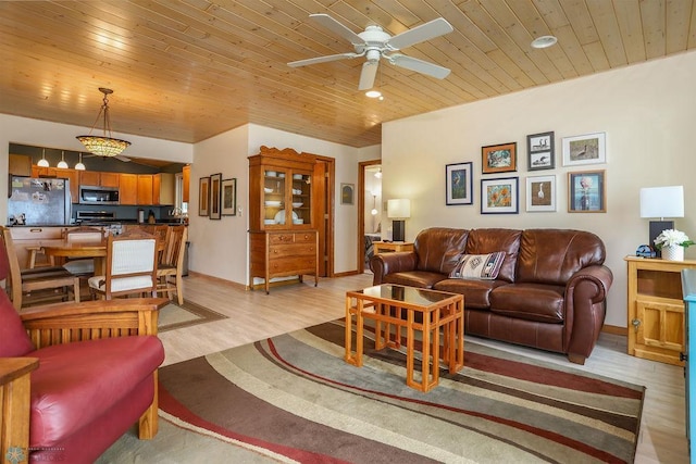 38682 Walker Lake Dr, Amor Twp, MN 56576 - living area with wood ceiling, light wood-type flooring, a ceiling fan, and baseboards