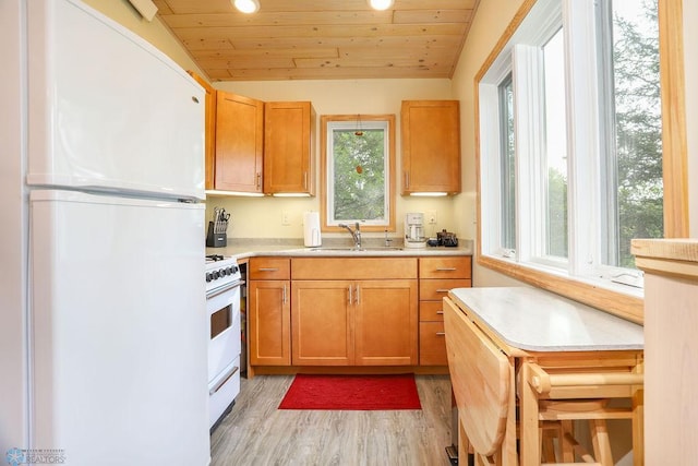 38682 Walker Lake Dr, Amor Twp, MN 56576 - kitchen with white appliances, a sink, light wood-style floors, wood ceiling, and light countertops