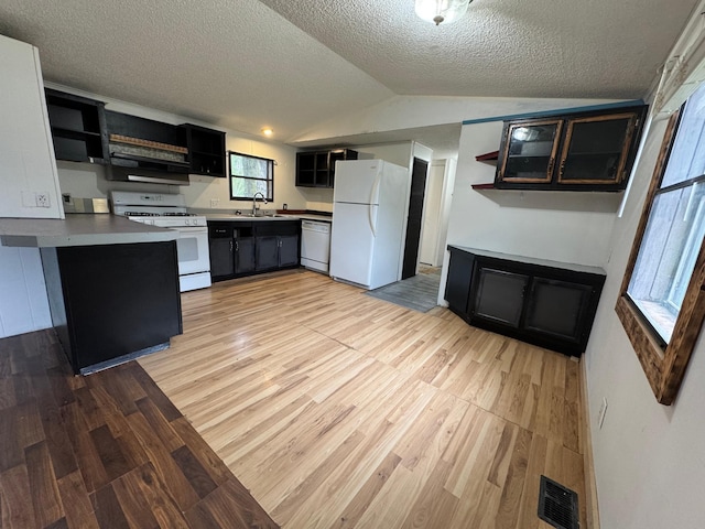 57230 351st St, Grove City, MN 56243 - kitchen featuring open shelves, white appliances, light wood-type flooring, vaulted ceiling, and a textured ceiling