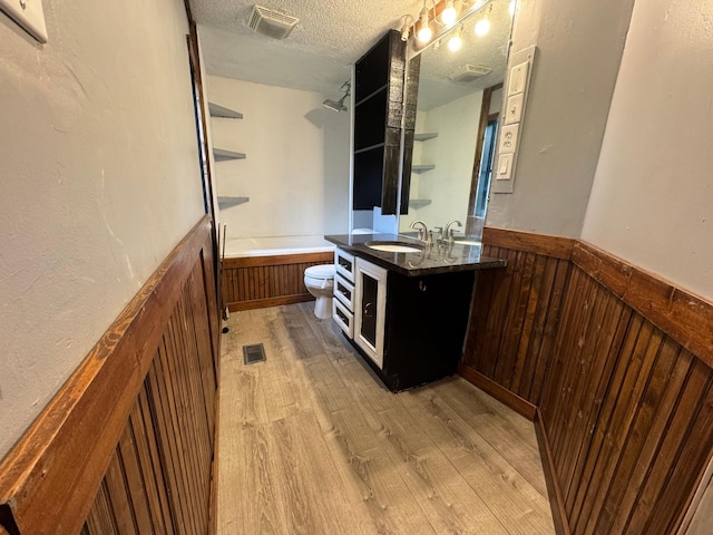 57230 351st St, Grove City, MN 56243 - bathroom with wood finished floors, a wainscoted wall, toilet, a textured ceiling, and vanity