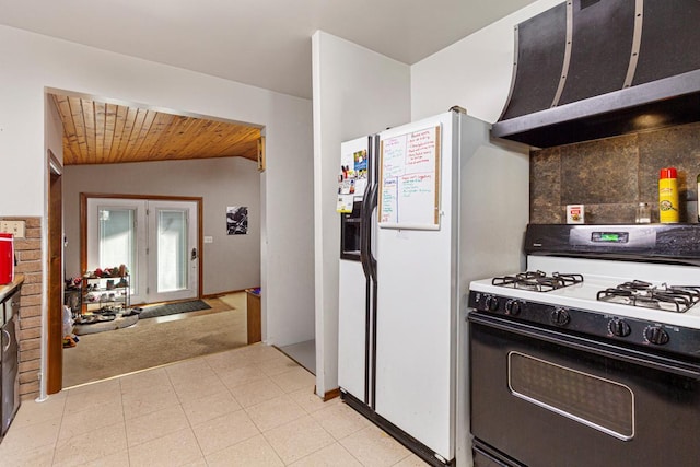 410 Spruce Ave NW, Montgomery, MN 56069 - kitchen featuring gas stove, white refrigerator with ice dispenser, light carpet, wooden ceiling, and extractor fan