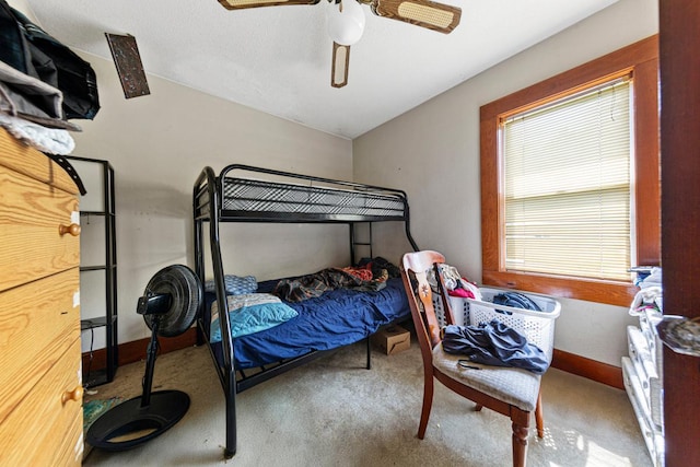 410 Spruce Ave NW, Montgomery, MN 56069 - bedroom featuring carpet floors, a ceiling fan, lofted ceiling, and baseboards