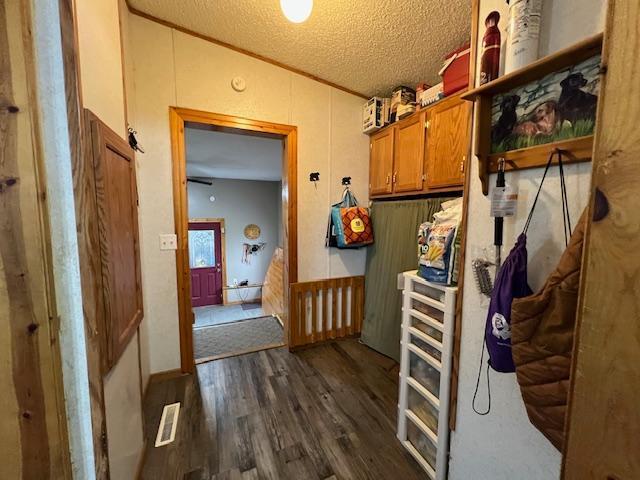 42626 County Highway 125, Perham Twp, MN 56573 - corridor featuring dark wood-style floors, a textured ceiling, and vaulted ceiling