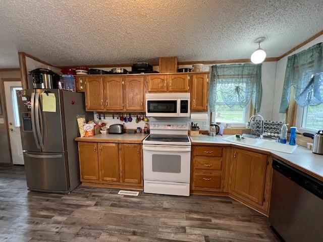 42626 County Highway 125, Perham Twp, MN 56573 - kitchen featuring stainless steel appliances, a sink, a textured ceiling, brown cabinets, and light countertops