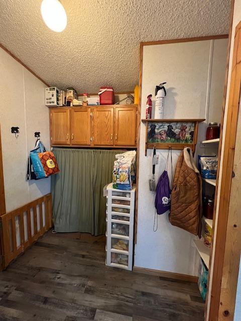 42626 County Highway 125, Perham Twp, MN 56573 - laundry area featuring a textured ceiling and dark wood-style floors