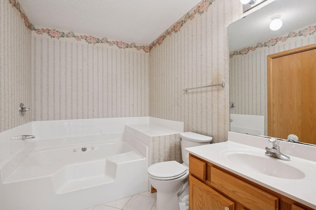 8733 Baxter Way Unit 47, Inver Grove Heights, MN 55076 - full bath with wallpapered walls, a textured ceiling, a bath, tile patterned floors, and vanity