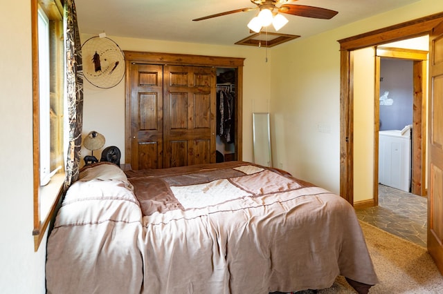 642 4th St, Turtle Lake, WI 54004 - carpeted bedroom featuring a closet, washer / clothes dryer, and a ceiling fan