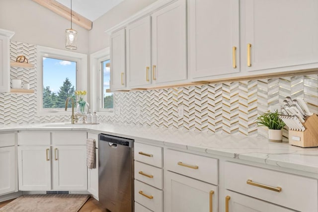 1279 146th Ln NW, Andover, MN 55304 - kitchen featuring stainless steel dishwasher, backsplash, open shelves, white cabinetry, and a sink