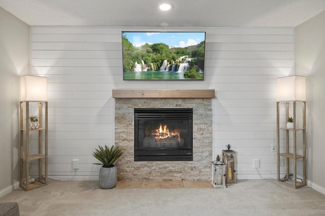 1279 146th Ln NW, Andover, MN 55304 - detailed view of carpet, a fireplace, a textured ceiling, wood walls, and baseboards
