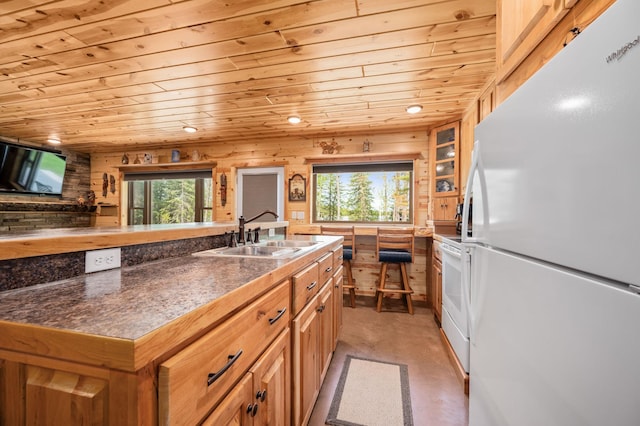 52852 Brush Shanty Lake Rd, Bigfork, MN 56628 - kitchen with white appliances, a sink, wooden ceiling, plenty of natural light, and wooden walls