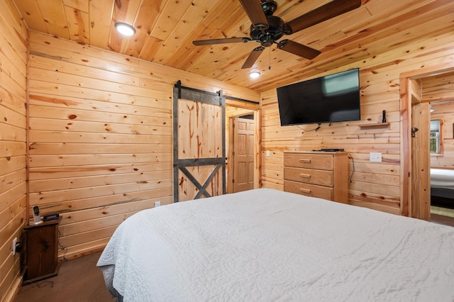 52852 Brush Shanty Lake Rd, Bigfork, MN 56628 - bedroom with a barn door, wood walls, wooden ceiling, ceiling fan, and recessed lighting