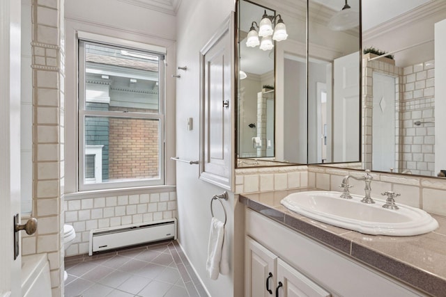 776 Summit Ave, Saint Paul, MN 55105 - bathroom with baseboard heating, tile patterned flooring, crown molding, vanity, and a shower
