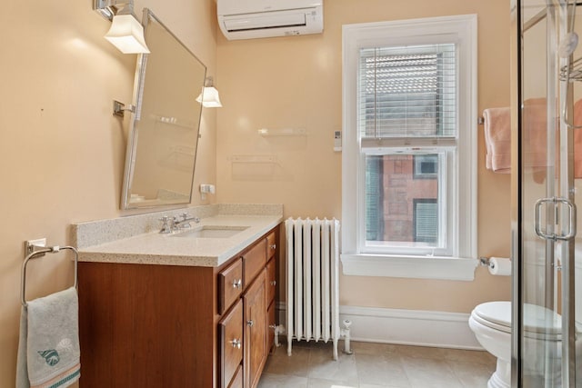 776 Summit Ave, Saint Paul, MN 55105 - bathroom with radiator, a wall mounted air conditioner, vanity, a stall shower, and tile patterned flooring