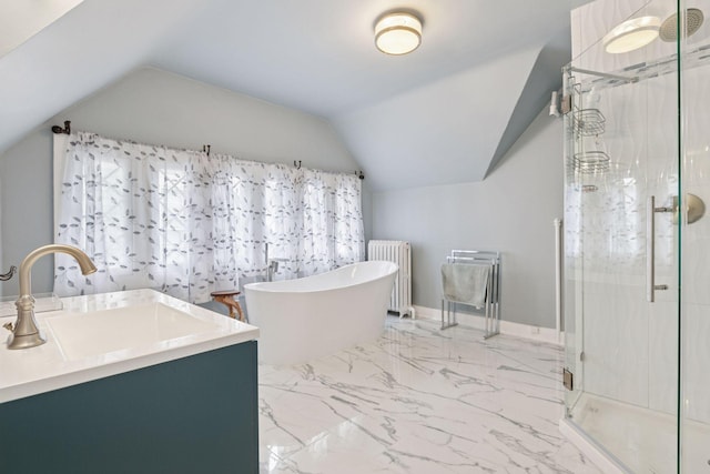 776 Summit Ave, Saint Paul, MN 55105 - full bathroom featuring radiator, a stall shower, a freestanding tub, vaulted ceiling, and marble finish flooring