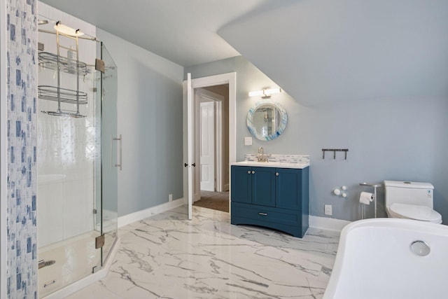 776 Summit Ave, Saint Paul, MN 55105 - full bath featuring marble finish floors, a shower stall, a freestanding bath, and vanity
