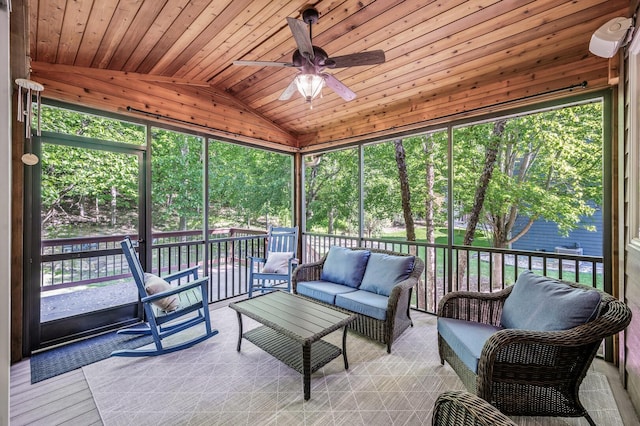 6415 Queensland Ln N, Maple Grove, MN 55311 - sunroom / solarium with vaulted ceiling, a ceiling fan, and outdoor lounge area