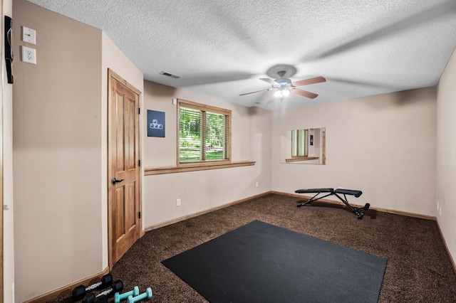6415 Queensland Ln N, Maple Grove, MN 55311 - workout area featuring carpet floors, ceiling fan, a textured ceiling, and baseboards