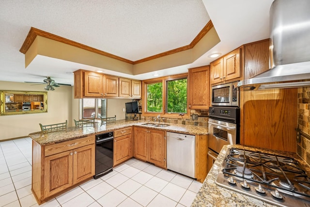 2216 146th Ave NE, Ham Lake, MN 55304 - kitchen with appliances with stainless steel finishes, wall chimney range hood, a peninsula, light tile patterned flooring, and ornamental molding