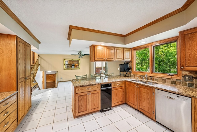 2216 146th Ave NE, Ham Lake, MN 55304 - kitchen featuring dishwasher, plenty of natural light, crown molding, a textured ceiling, and brown cabinets