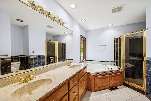 2216 146th Ave NE, Ham Lake, MN 55304 - full bathroom with a stall shower, a tub with jets, double vanity, recessed lighting, and marble look tile flooring