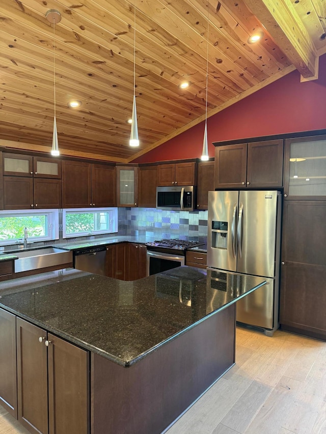 515 Koehler Rd, Vadnais Heights, MN 55127 - kitchen featuring stainless steel appliances, lofted ceiling, a sink, wooden ceiling, and light wood-style flooring