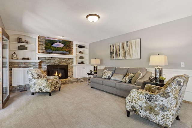 15905 43rd Ave N, Plymouth, MN 55446 - living room featuring carpet, a brick fireplace, wainscoting, and built in shelves