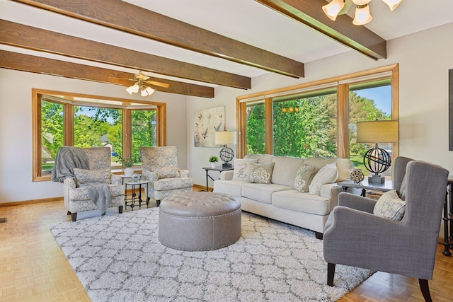 15905 43rd Ave N, Plymouth, MN 55446 - living room with a ceiling fan, healthy amount of natural light, baseboards, and beam ceiling