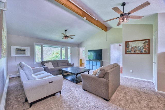 417 Main St S, Aurora, MN 55705 - carpeted living room featuring a ceiling fan, an AC wall unit, and a baseboard heating unit