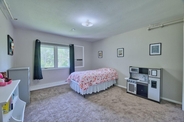 417 Main St S, Aurora, MN 55705 - carpeted bedroom featuring a baseboard radiator and a textured ceiling