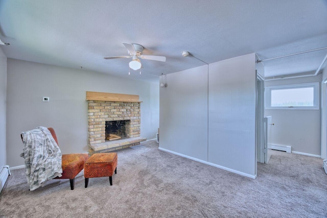 417 Main St S, Aurora, MN 55705 - carpeted living area featuring a baseboard heating unit, ceiling fan, a brick fireplace, and a textured ceiling