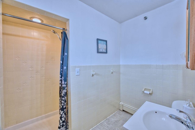 417 Main St S, Aurora, MN 55705 - bathroom with tile walls, baseboard heating, a tile shower, and wainscoting