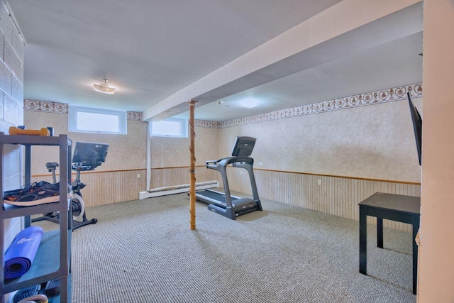 417 Main St S, Aurora, MN 55705 - workout area with wallpapered walls and carpet floors