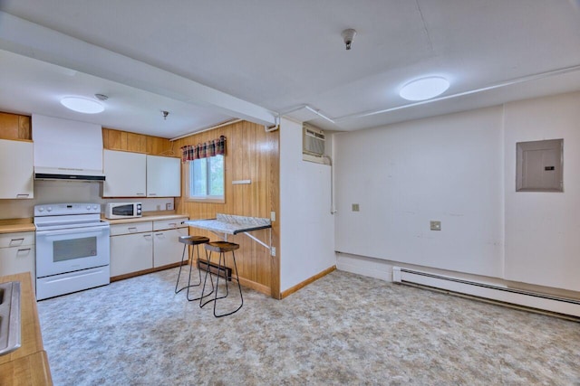 417 Main St S, Aurora, MN 55705 - kitchen with white appliances, electric panel, under cabinet range hood, baseboard heating, and white cabinets