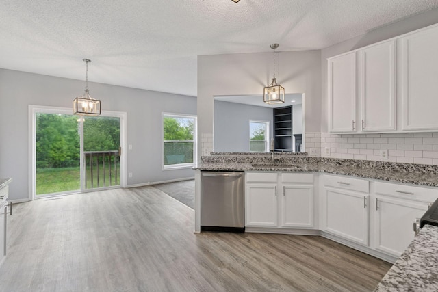 1418 Bluff St, Dundas, MN 55019 - kitchen featuring dishwasher, backsplash, light wood-style floors, white cabinets, and a textured ceiling