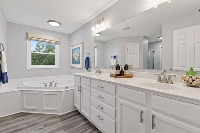 1418 Bluff St, Dundas, MN 55019 - full bath with double vanity, a garden tub, a stall shower, wood finished floors, and a textured ceiling