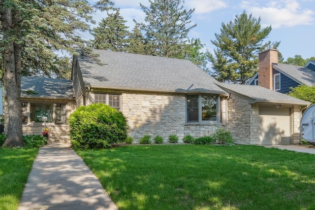 3448 Humboldt Ave S, Minneapolis, MN 55408 - view of front facade with stone siding, a front lawn, a garage, and roof with shingles