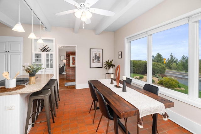 1101 Skyline Pkwy, Duluth, MN 55805 - dining room featuring beam ceiling, a ceiling fan, dark tile patterned flooring, baseboards, and track lighting