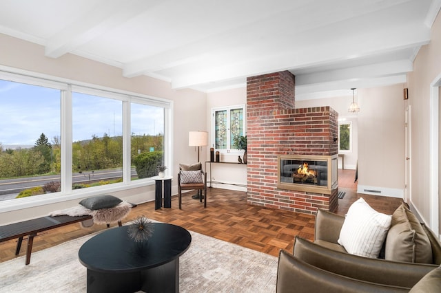 1101 Skyline Pkwy, Duluth, MN 55805 - living room featuring beamed ceiling, a brick fireplace, plenty of natural light, and a baseboard heating unit