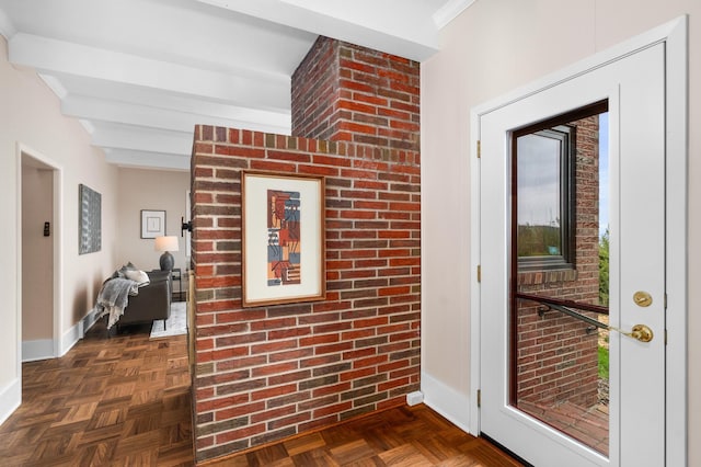 1101 Skyline Pkwy, Duluth, MN 55805 - hall featuring baseboards and beamed ceiling