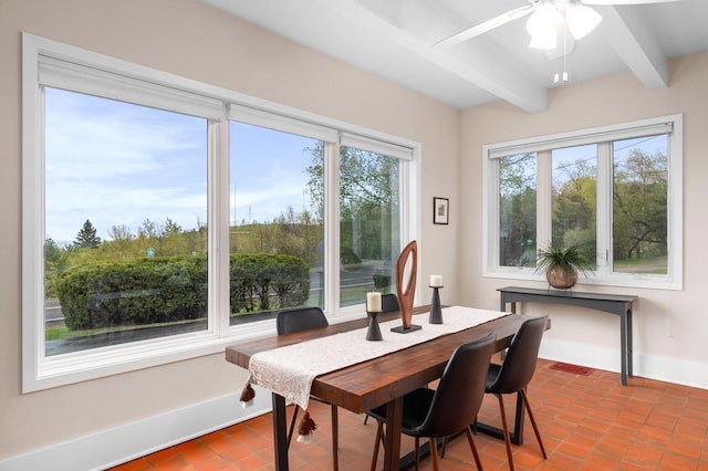 1101 Skyline Pkwy, Duluth, MN 55805 - tiled dining area with beam ceiling, a ceiling fan, and baseboards