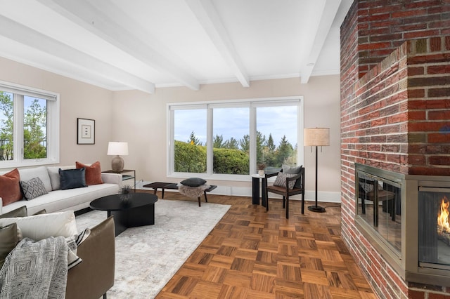 1101 Skyline Pkwy, Duluth, MN 55805 - living area featuring a brick fireplace, beamed ceiling, and baseboards