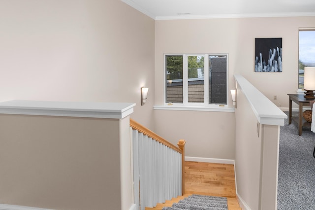 1101 Skyline Pkwy, Duluth, MN 55805 - stairway with ornamental molding, baseboards, and wood finished floors