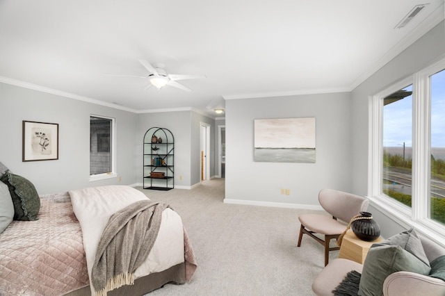 1101 Skyline Pkwy, Duluth, MN 55805 - bedroom with light carpet, crown molding, baseboards, and ceiling fan