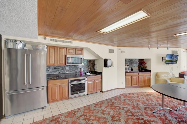 26 10th St W Unit 502, Saint Paul, MN 55102 - kitchen featuring stainless steel appliances, light tile patterned floors, wood ceiling, backsplash, and dark countertops