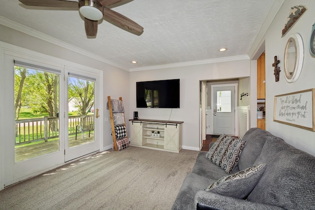 381 Ormsbee St, Big Lake, MN 55309 - living area featuring carpet floors, recessed lighting, ceiling fan, ornamental molding, and baseboards